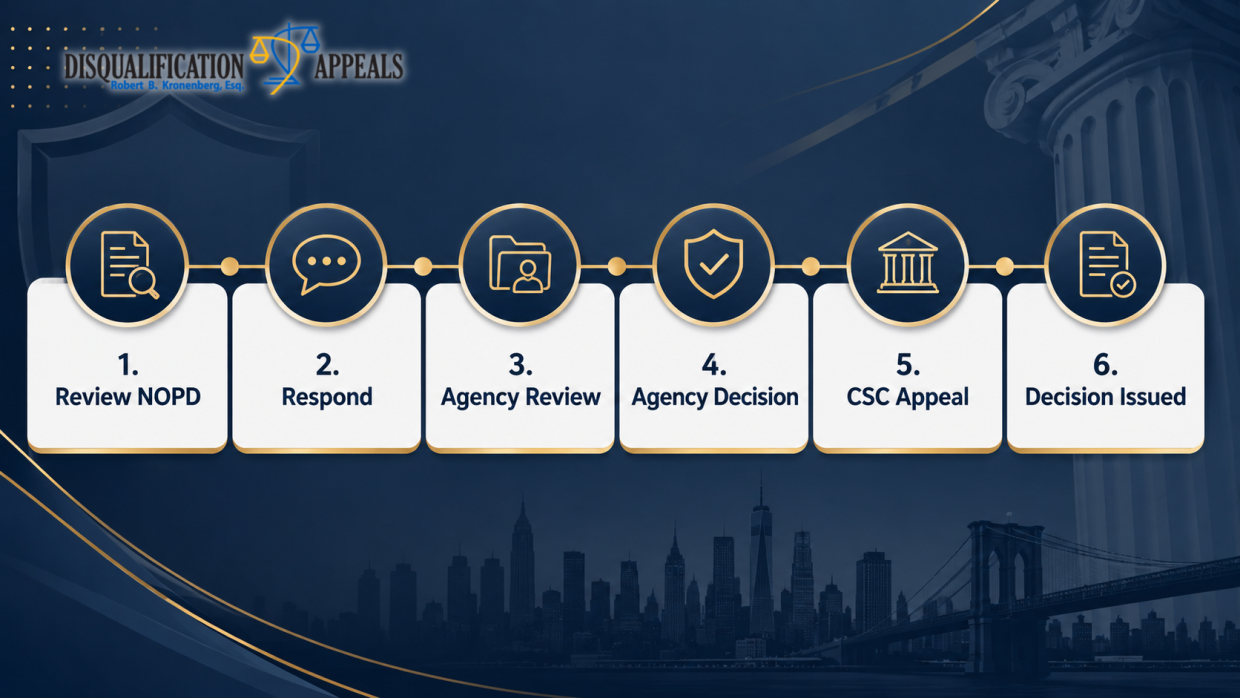 NYPD disqualification appeal timeline graphic with six steps from Review NOPD to Decision Issued.
