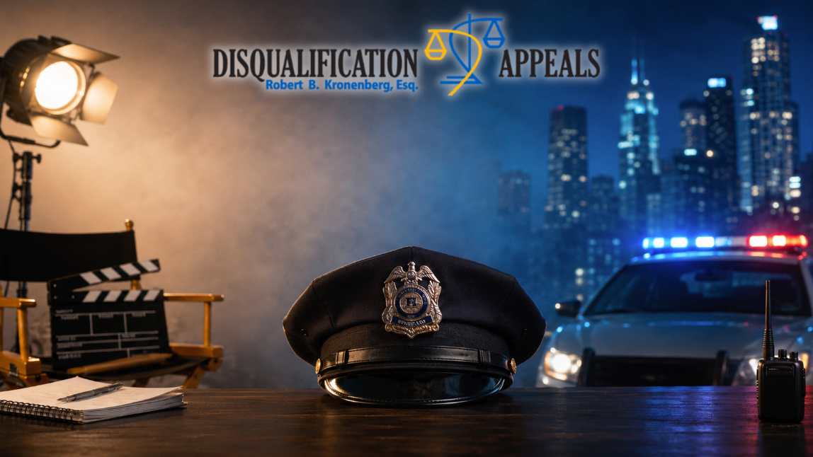 A movie set and a cityscape with a police car separated by a police cap.