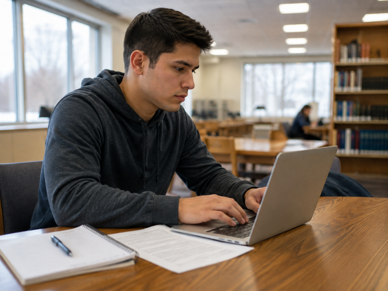 A young man using a laptop computer while sitting inside of a library.