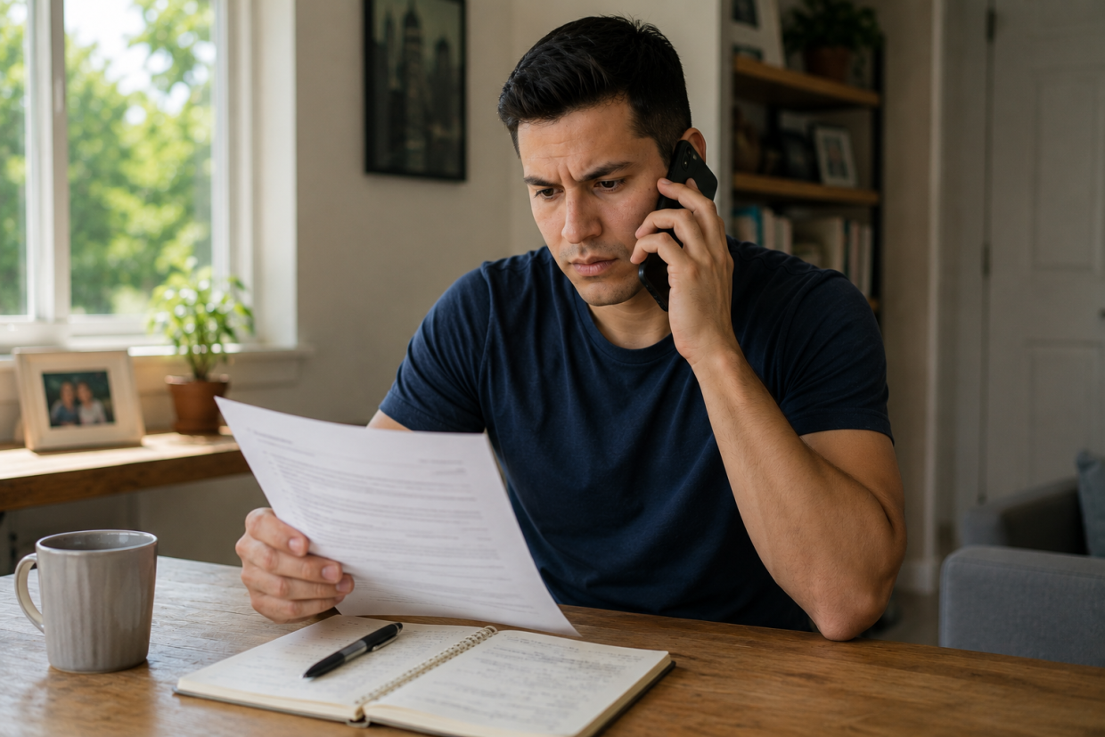 A man with his cell phone held up to his left ear while he is reading a document in his right hand.