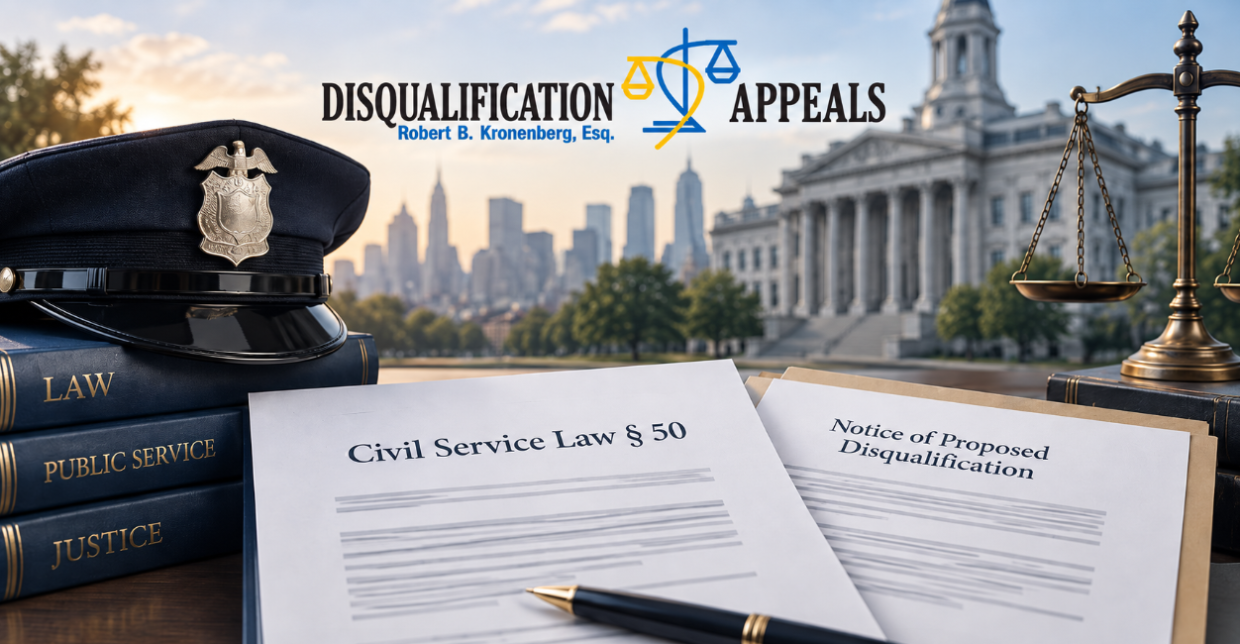 Disqualification Appeals hero image with police cap, law books, scales of justice, and Civil Service Law § 50 and Notice of Proposed Disqualification documents.
